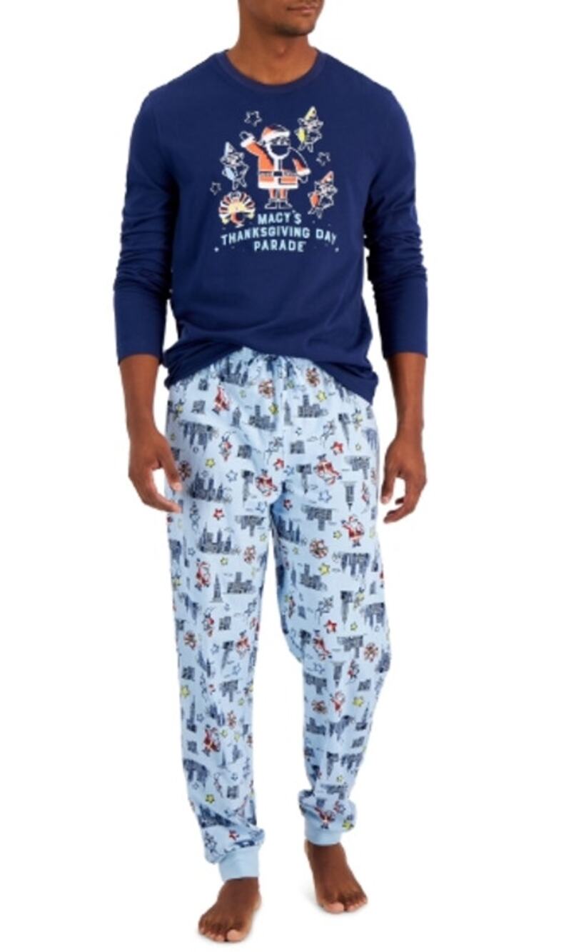 New Macy's Thanksgiving Parade Holiday PJs Pajama Set Men Medium Blue Matching